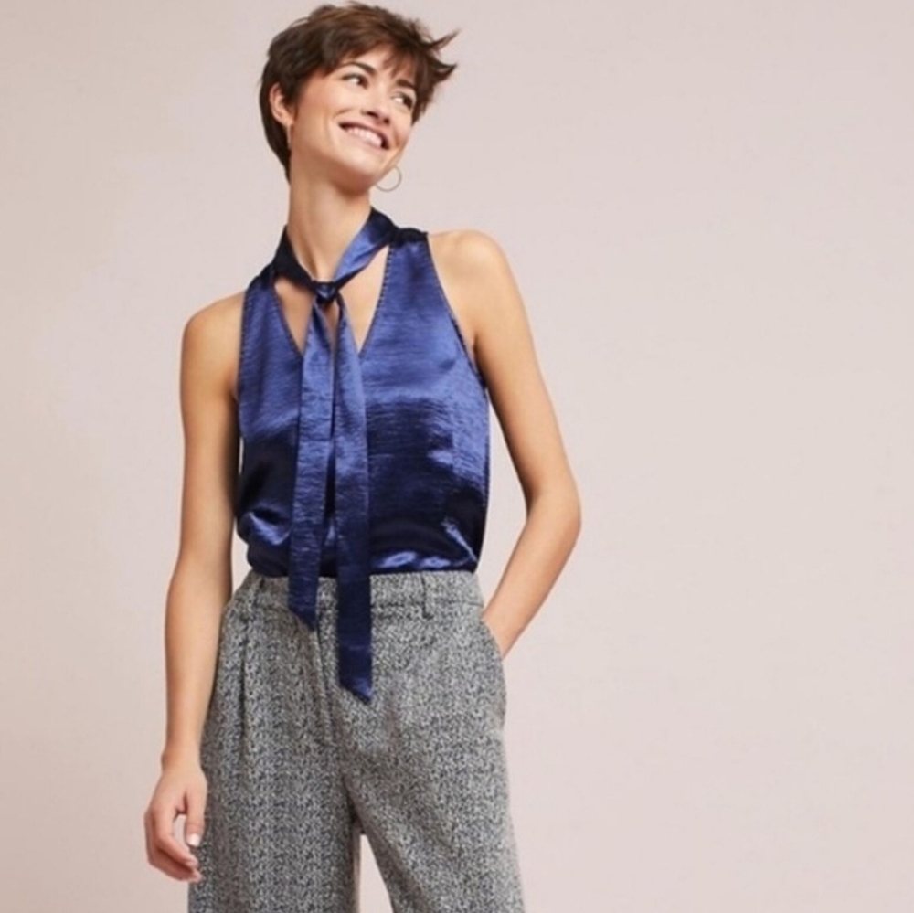 ANTHROPOLOGY Maeve S8 Sleveless Blue Tie Neck Blouse